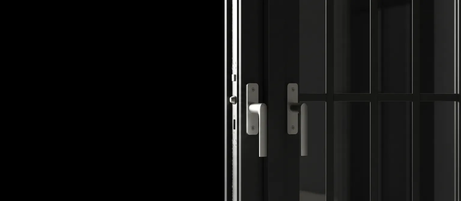Black aluminum door and window system for architectural project openings