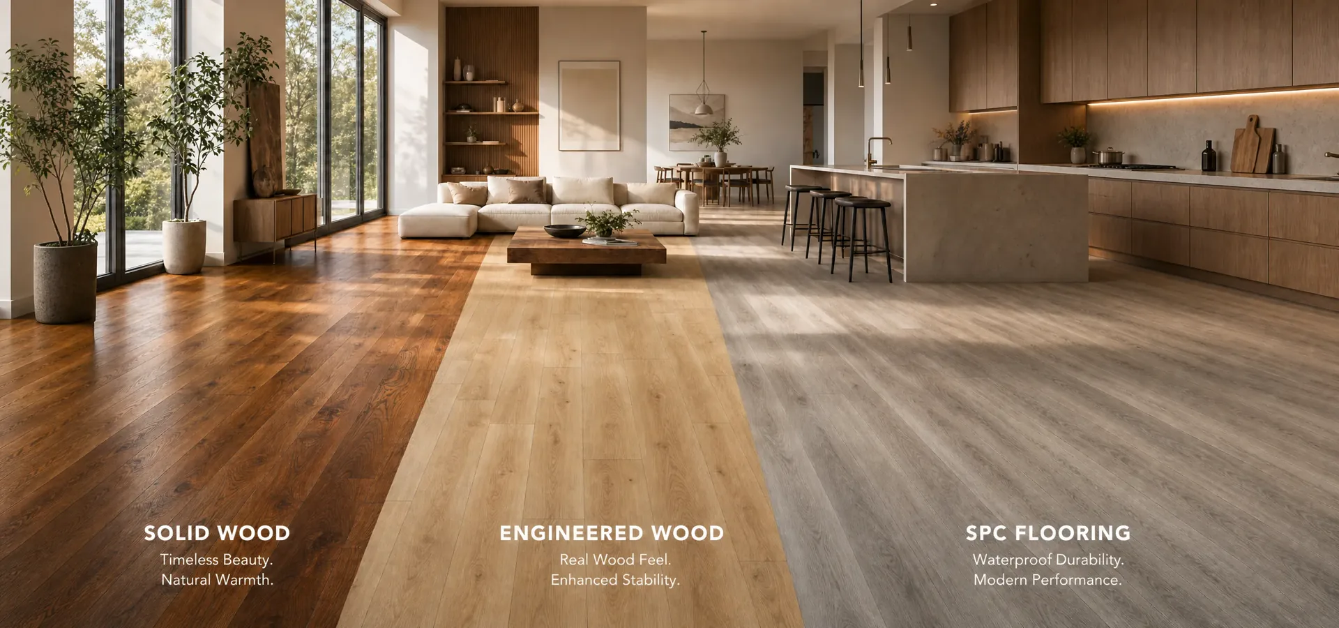 Flooring series scene showing solid wood engineered wood and SPC flooring options