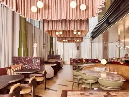 Curtains and furnishing materials in a coordinated hotel interior