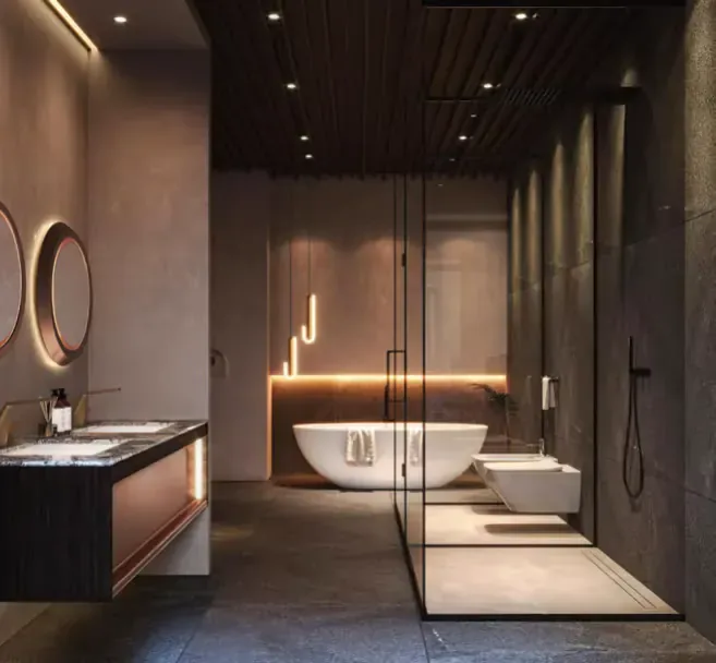 Bathroom tile and sanitary ware finishes coordinated within one project