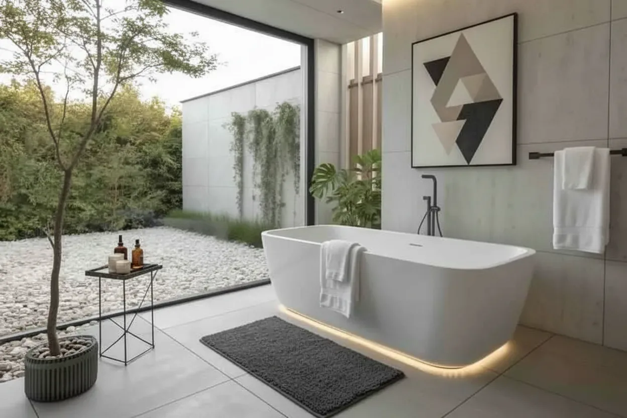 Acrylic bathtub in a complete bathroom setting