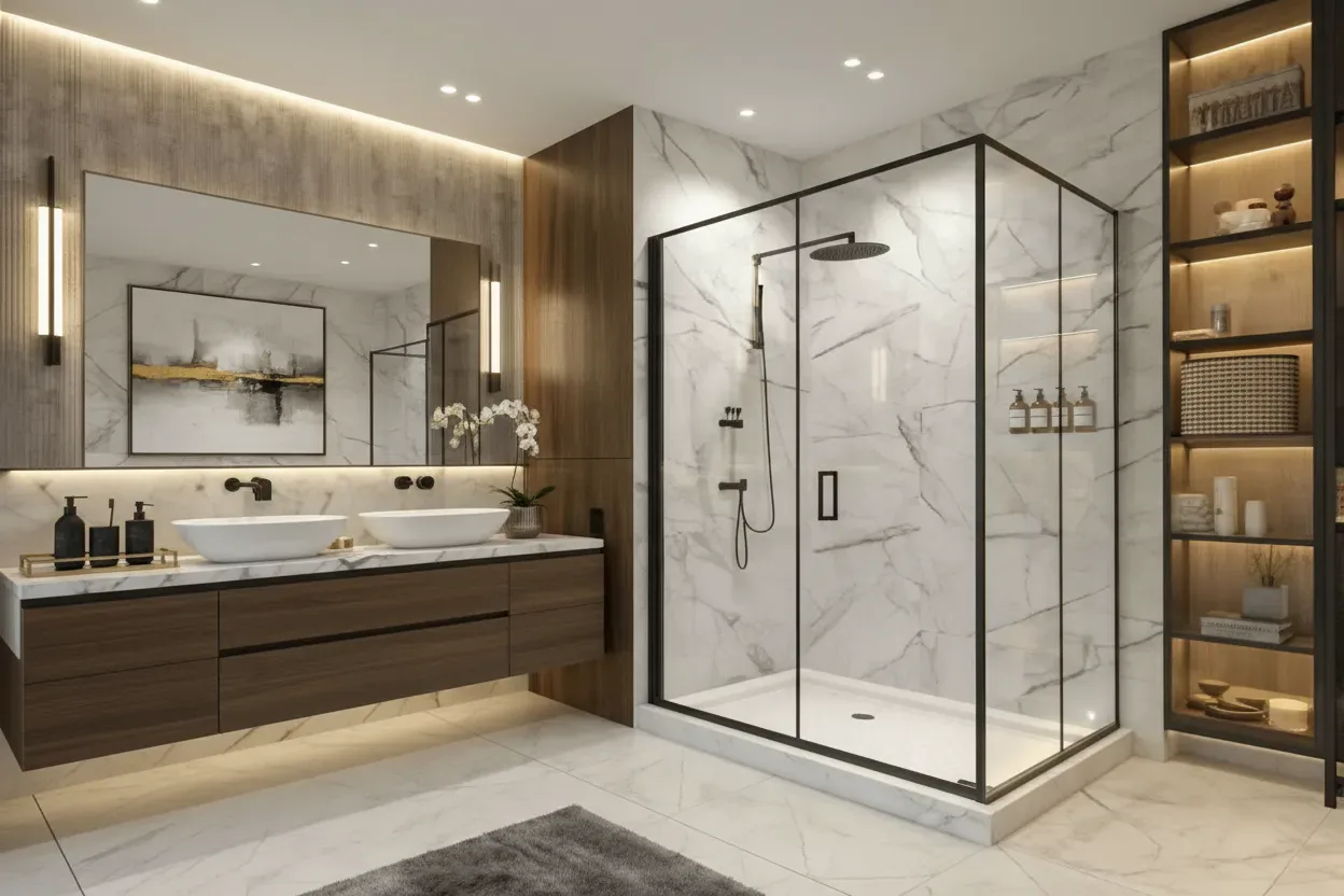 Semi-frameless shower enclosure for a project bathroom