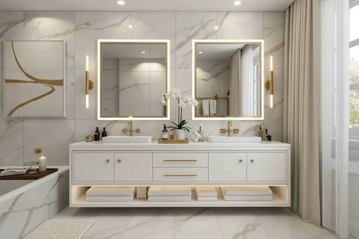Clean custom bathroom vanity with twin basins and illuminated mirrors
