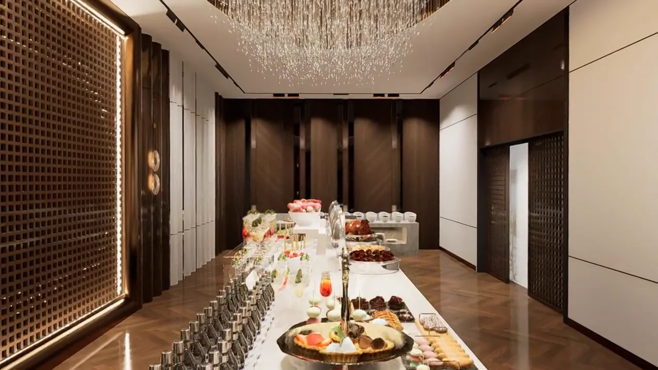 High-end hotel banquet interior showing coordinated lighting furniture and decorative finishes